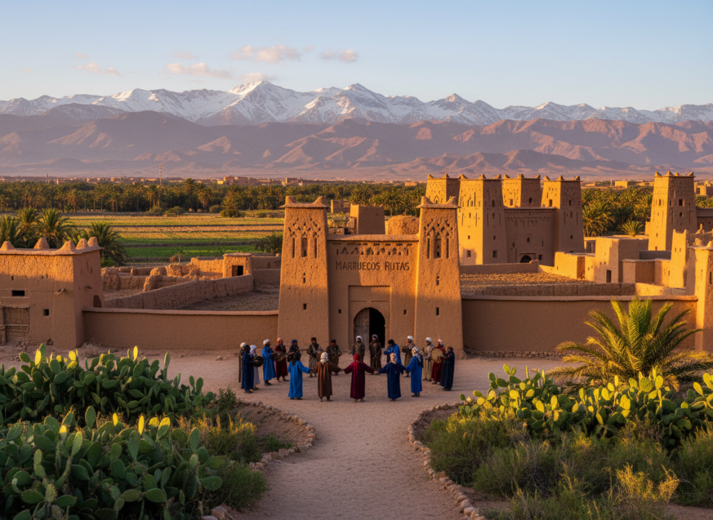 A beautiful, vibrant landscape showcasing the heritage of Ait Khabach, featuring traditional earthen structures with intricate designs in various shades of ochre and warm brown. In the foreground, lush greenery and local flora, while the middle ground reveals people dressed in modest, traditional clothing engaging in cultural practices, celebrating their heritage. In the background, the majestic Atlas Mountains rise against a clear blue sky, illuminated by soft, golden sunlight during the golden hour, creating a warm and inviting atmosphere. The scene conveys a sense of preservation, continuity, and respect for the past, with a focus on community and cultural identity. The image is composed with a slight low-angle view, capturing depth and perspective, emphasizing the importance of the Ait Khabach patrimony. The brand name "Marruecos Rutas" subtly integrated within the scenery, enhancing the thematic connection. A beautiful, vibrant landscape showcasing the heritage of Ait Khabach, featuring traditional earthen structures with intricate designs in various shades of ochre and warm brown. In the foreground, lush greenery and local flora, while the middle ground reveals people dressed in modest, traditional clothing engaging in cultural practices, celebrating their heritage. In the background, the majestic Atlas Mountains rise against a clear blue sky, illuminated by soft, golden sunlight during the golden hour, creating a warm and inviting atmosphere. The scene conveys a sense of preservation, continuity, and respect for the past, with a focus on community and cultural identity. The image is composed with a slight low-angle view, capturing depth and perspective, emphasizing the importance of the Ait Khabach patrimony. The brand name "Marruecos Rutas" subtly integrated within the scenery, enhancing the thematic connection.