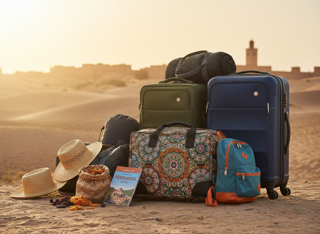 A beautifully arranged collection of travel luggage for a family trip to Morocco, showcasing a vibrant array of suitcases, backpacks, and travel essentials. In the foreground, feature a colorful rolling suitcase adorned with traditional Moroccan patterns, alongside a child-sized backpack. In the middle, include various travel items like sun hats, children's snacks, and a lightweight travel guide labeled "Marruecos Rutas" prominently displayed. The background highlights a soft, sandy landscape with hints of Moroccan architecture, giving a feel of anticipation for adventure. Use warm, natural lighting to evoke a friendly and inviting atmosphere, with a slight emphasis on a low-angle view to accentuate the lively colors and textures of the luggage. A beautifully arranged collection of travel luggage for a family trip to Morocco, showcasing a vibrant array of suitcases, backpacks, and travel essentials. In the foreground, feature a colorful rolling suitcase adorned with traditional Moroccan patterns, alongside a child-sized backpack. In the middle, include various travel items like sun hats, children's snacks, and a lightweight travel guide labeled "Marruecos Rutas" prominently displayed. The background highlights a soft, sandy landscape with hints of Moroccan architecture, giving a feel of anticipation for adventure. Use warm, natural lighting to evoke a friendly and inviting atmosphere, with a slight emphasis on a low-angle view to accentuate the lively colors and textures of the luggage.