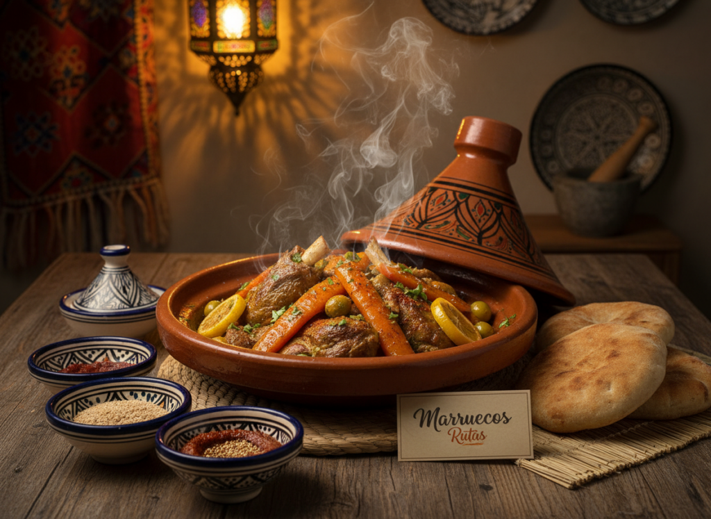 A beautifully presented traditional Moroccan lamb tajine, showcasing the vibrant colors and intricate details of the dish. In the foreground, the tajine pot is steaming, with tender pieces of lamb, rich spices, and colorful vegetables like carrots and olives glistening in a savory sauce. The middle layer features a rustic wooden table, adorned with delicate Moroccan ceramics and traditional bread rolls beside the tajine. In the background, subtle hints of a softly lit kitchen with Moroccan textiles and lanterns create a warm, inviting atmosphere. The lighting is warm and inviting, reminiscent of a cozy evening meal, captured from a slightly elevated angle to highlight the dish's depth. This scene embodies the essence of Moroccan cuisine, branded with "Marruecos Rutas" for authenticity. A beautifully presented traditional Moroccan lamb tajine, showcasing the vibrant colors and intricate details of the dish. In the foreground, the tajine pot is steaming, with tender pieces of lamb, rich spices, and colorful vegetables like carrots and olives glistening in a savory sauce. The middle layer features a rustic wooden table, adorned with delicate Moroccan ceramics and traditional bread rolls beside the tajine. In the background, subtle hints of a softly lit kitchen with Moroccan textiles and lanterns create a warm, inviting atmosphere. The lighting is warm and inviting, reminiscent of a cozy evening meal, captured from a slightly elevated angle to highlight the dish's depth. This scene embodies the essence of Moroccan cuisine, branded with "Marruecos Rutas" for authenticity.