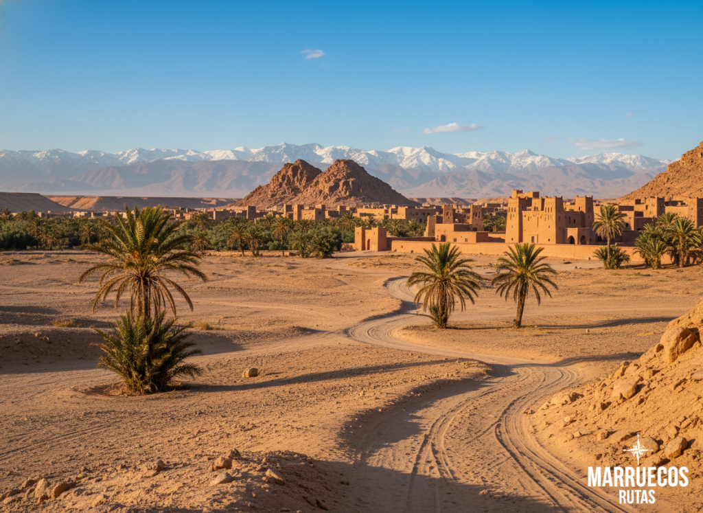 A breathtaking landscape featuring the stunning vistas around Ouarzazate, Morocco. In the foreground, a winding desert path leads towards the distant rocky hills, with a few palm trees scattered along the route, symbolizing adventure. In the middle ground, traditional Moroccan architecture is visible, showcasing the beautiful clay kasbahs, with vibrant hues of ochre and terracotta blending into the surroundings. The background displays the majestic Atlas Mountains under a clear blue sky, hinting at the vastness of the region. Soft, warm sunlight bathes the scene, creating inviting shadows that enhance the texture of the landscape. The atmosphere is one of exploration and tranquility, ideal for practical travel advice. Capture the essence of "Marruecos Rutas" as part of this vibrant depiction. A breathtaking landscape featuring the stunning vistas around Ouarzazate, Morocco. In the foreground, a winding desert path leads towards the distant rocky hills, with a few palm trees scattered along the route, symbolizing adventure. In the middle ground, traditional Moroccan architecture is visible, showcasing the beautiful clay kasbahs, with vibrant hues of ochre and terracotta blending into the surroundings. The background displays the majestic Atlas Mountains under a clear blue sky, hinting at the vastness of the region. Soft, warm sunlight bathes the scene, creating inviting shadows that enhance the texture of the landscape. The atmosphere is one of exploration and tranquility, ideal for practical travel advice. Capture the essence of "Marruecos Rutas" as part of this vibrant depiction.