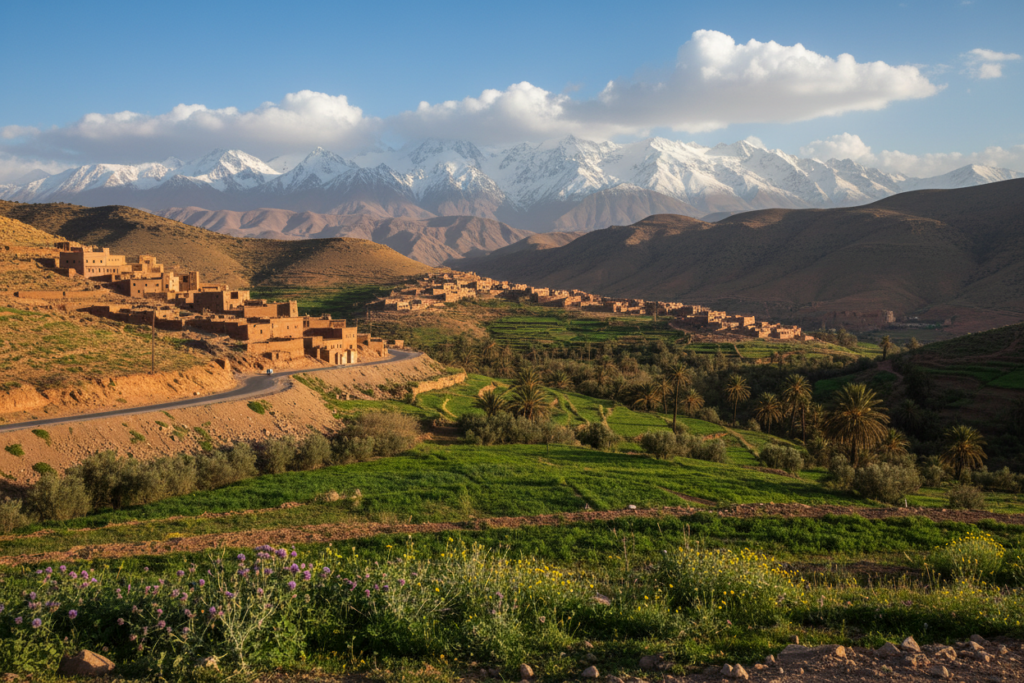 A breathtaking landscape of Morocco showcasing a winding, picturesque route through the Atlas Mountains. In the foreground, a vibrant stretch of road meanders alongside lush green fields dotted with local flora. Middle ground features traditional Berber villages with adobe houses, surrounded by terraced hills. In the background, majestic snow-capped mountain peaks under a bright blue sky with fluffy white clouds. The scene is lit by warm, golden sunlight, casting gentle shadows and creating a welcoming atmosphere. The image should capture the spirit of adventure and tranquility, ideal for exploring Morocco’s best routes. No people are included in the scene, maintaining a focus on the natural beauty and cultural essence of the area. A breathtaking landscape of Morocco showcasing a winding, picturesque route through the Atlas Mountains. In the foreground, a vibrant stretch of road meanders alongside lush green fields dotted with local flora. Middle ground features traditional Berber villages with adobe houses, surrounded by terraced hills. In the background, majestic snow-capped mountain peaks under a bright blue sky with fluffy white clouds. The scene is lit by warm, golden sunlight, casting gentle shadows and creating a welcoming atmosphere. The image should capture the spirit of adventure and tranquility, ideal for exploring Morocco’s best routes. No people are included in the scene, maintaining a focus on the natural beauty and cultural essence of the area.