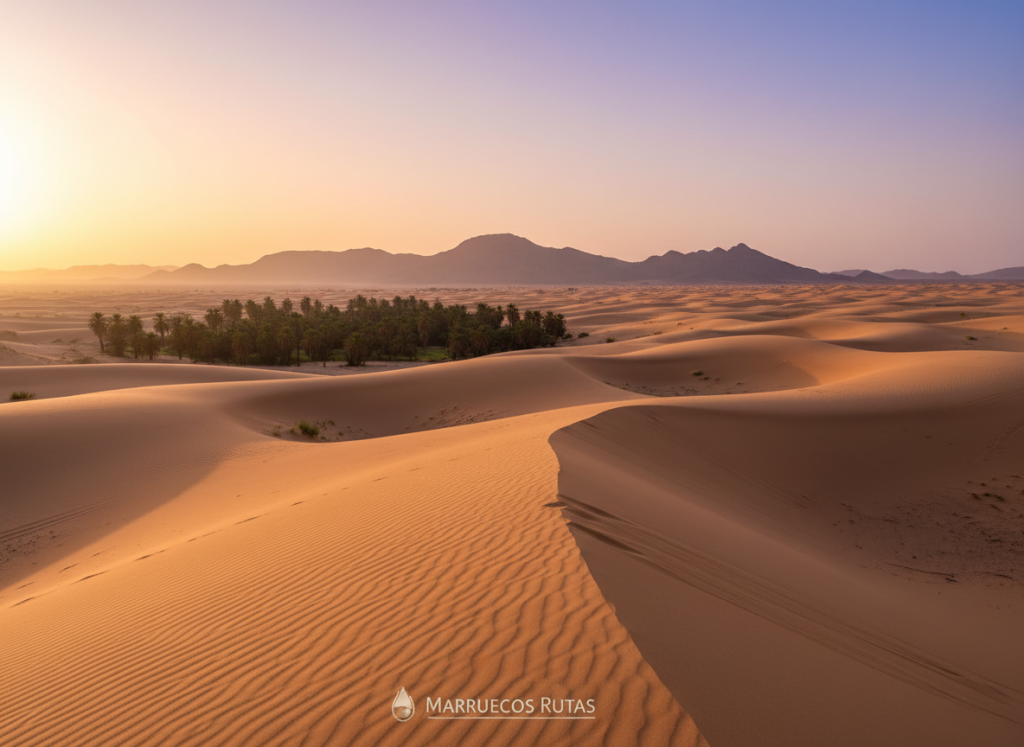 A breathtaking sunrise over the dunes of Merzouga, Morocco, capturing the golden and soft pastel hues of early morning light spilling across rolling sand dunes. In the foreground, gentle undulating dunes catch the light, creating subtle shadows and highlights. The middle section showcases a serene oasis with small clusters of palm trees, while the distant background features majestic mountains silhouetted against a colorful sky. The atmosphere is tranquil and magical, evoking a sense of peaceful solitude. A wide-angle shot, emphasizing the vastness of the landscape and the dynamic interplay between light and shadow. The image should embody the splendor and serenity of a desert dawn, fitting for the theme of "Marruecos Rutas." A breathtaking sunrise over the dunes of Merzouga, Morocco, capturing the golden and soft pastel hues of early morning light spilling across rolling sand dunes. In the foreground, gentle undulating dunes catch the light, creating subtle shadows and highlights. The middle section showcases a serene oasis with small clusters of palm trees, while the distant background features majestic mountains silhouetted against a colorful sky. The atmosphere is tranquil and magical, evoking a sense of peaceful solitude. A wide-angle shot, emphasizing the vastness of the landscape and the dynamic interplay between light and shadow. The image should embody the splendor and serenity of a desert dawn, fitting for the theme of "Marruecos Rutas."