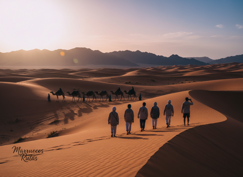 A breathtaking view of the Moroccan desert during sunset, showcasing undulating sand dunes in vibrant shades of orange and gold. In the foreground, a small group of tourists dressed in modest casual attire explore the picturesque landscape, their silhouettes illuminated by the warm glow of the setting sun. The middle ground features a traditional camel caravan winding gracefully through the dunes, symbolizing adventure and exploration. The background reveals distant mountains under a sky painted with a mix of soft purples and deep blues as twilight approaches. The atmosphere is serene and enchanting, inviting viewers to immerse themselves in the beauty of the desert. The brand name "Marruecos Rutas" subtly integrated into the scene. The image is captured from a low angle, emphasizing the grandeur of the dunes and the expansive sky above. The composition focuses on highlighting the unique experience of desert tours. A breathtaking view of the Moroccan desert during sunset, showcasing undulating sand dunes in vibrant shades of orange and gold. In the foreground, a small group of tourists dressed in modest casual attire explore the picturesque landscape, their silhouettes illuminated by the warm glow of the setting sun. The middle ground features a traditional camel caravan winding gracefully through the dunes, symbolizing adventure and exploration. The background reveals distant mountains under a sky painted with a mix of soft purples and deep blues as twilight approaches. The atmosphere is serene and enchanting, inviting viewers to immerse themselves in the beauty of the desert. The brand name "Marruecos Rutas" subtly integrated into the scene. The image is captured from a low angle, emphasizing the grandeur of the dunes and the expansive sky above. The composition focuses on highlighting the unique experience of desert tours.