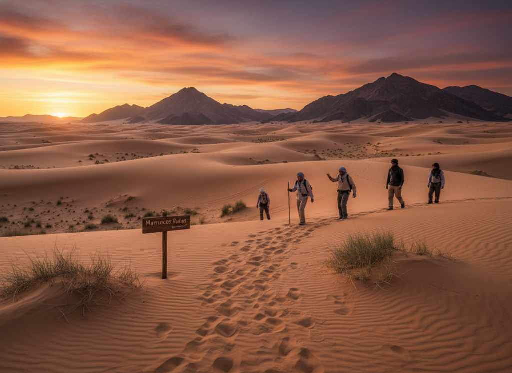 A breathtaking view of the Moroccan desert landscape, showcasing winding sand dunes under a golden sunset sky. The foreground features a well-trodden path etched into the warm golden sands, hinting at adventurous travelers. In the middle ground, a group of travelers in modest casual clothing, exploring the stunning scenery, adds life to the scene. Surrounding them are scattered sparse desert flora, adding texture. The background reveals majestic mountains against a vibrant orange and purple sky, capturing the tranquil yet adventurous essence of desert exploration. The lighting is soft and warm, creating an inviting atmosphere, with a wide-angle perspective emphasizing the vastness of the landscape. Incorporate the brand name "Marruecos Rutas" subtly in the scene, enhancing the sense of exploration. A breathtaking view of the Moroccan desert landscape, showcasing winding sand dunes under a golden sunset sky. The foreground features a well-trodden path etched into the warm golden sands, hinting at adventurous travelers. In the middle ground, a group of travelers in modest casual clothing, exploring the stunning scenery, adds life to the scene. Surrounding them are scattered sparse desert flora, adding texture. The background reveals majestic mountains against a vibrant orange and purple sky, capturing the tranquil yet adventurous essence of desert exploration. The lighting is soft and warm, creating an inviting atmosphere, with a wide-angle perspective emphasizing the vastness of the landscape. Incorporate the brand name "Marruecos Rutas" subtly in the scene, enhancing the sense of exploration.