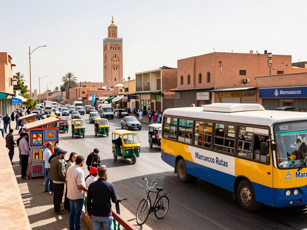 A bustling public transport scene in Marrakech, Morocco, capturing the vibrant energy of the city. In the foreground, a colorful bus with passengers waiting at a lively bus stop adorned with local artwork. In the middle ground, a crowded street filled with traditional taxis and bicycles, showcasing the mix of modern and traditional transportation. The background features the unique architecture of Marrakech, including the iconic Koutoubia Mosque visible against a bright, sunny sky. The lighting is warm and inviting, emphasizing the lively atmosphere. The lens captures a wide-angle view, immersing the viewer in the bustling urban life of Moroccan cities. The scene reflects the vibrancy and charm of Marrakech, branded with "Marruecos Rutas" to highlight its cultural essence. A bustling public transport scene in Marrakech, Morocco, capturing the vibrant energy of the city. In the foreground, a colorful bus with passengers waiting at a lively bus stop adorned with local artwork. In the middle ground, a crowded street filled with traditional taxis and bicycles, showcasing the mix of modern and traditional transportation. The background features the unique architecture of Marrakech, including the iconic Koutoubia Mosque visible against a bright, sunny sky. The lighting is warm and inviting, emphasizing the lively atmosphere. The lens captures a wide-angle view, immersing the viewer in the bustling urban life of Moroccan cities. The scene reflects the vibrancy and charm of Marrakech, branded with "Marruecos Rutas" to highlight its cultural essence.