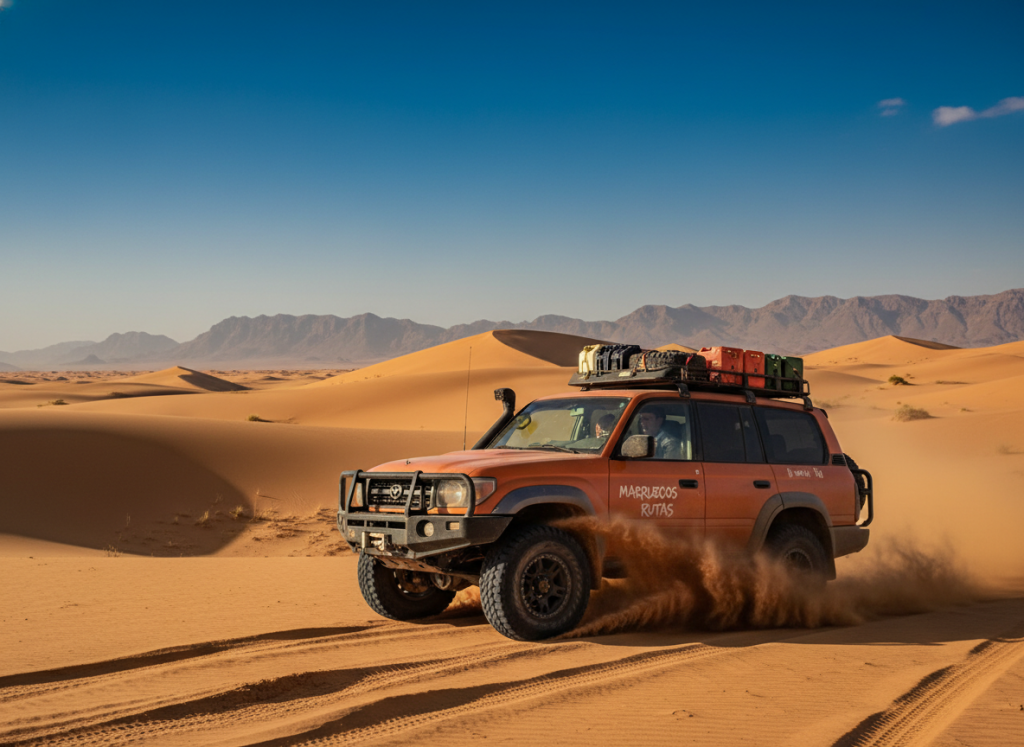 A dynamic off-road scene depicting a rugged 4x4 vehicle navigating through sandy terrain in Marruecos. In the foreground, the powerful vehicle kicks up plumes of sand, showcasing its off-road capabilities with mudguard splashes and tire tracks imprinted in the sand. The middle ground features rolling dunes bathed in warm golden sunlight, contrasting vividly with the deep blue of the clear sky above. In the background, distant mountains hint at adventure, adding to the sense of exploration. The atmosphere is vibrant and exhilarating, encapsulating the thrill of driving across Morocco’s diverse landscapes. Soft, natural lighting enhances the textures of the sand and vehicle, while the brand name "Marruecos Rutas" subtly integrates into the image, reinforcing the essence of the expedition. A dynamic off-road scene depicting a rugged 4x4 vehicle navigating through sandy terrain in Marruecos. In the foreground, the powerful vehicle kicks up plumes of sand, showcasing its off-road capabilities with mudguard splashes and tire tracks imprinted in the sand. The middle ground features rolling dunes bathed in warm golden sunlight, contrasting vividly with the deep blue of the clear sky above. In the background, distant mountains hint at adventure, adding to the sense of exploration. The atmosphere is vibrant and exhilarating, encapsulating the thrill of driving across Morocco’s diverse landscapes. Soft, natural lighting enhances the textures of the sand and vehicle, while the brand name "Marruecos Rutas" subtly integrates into the image, reinforcing the essence of the expedition.