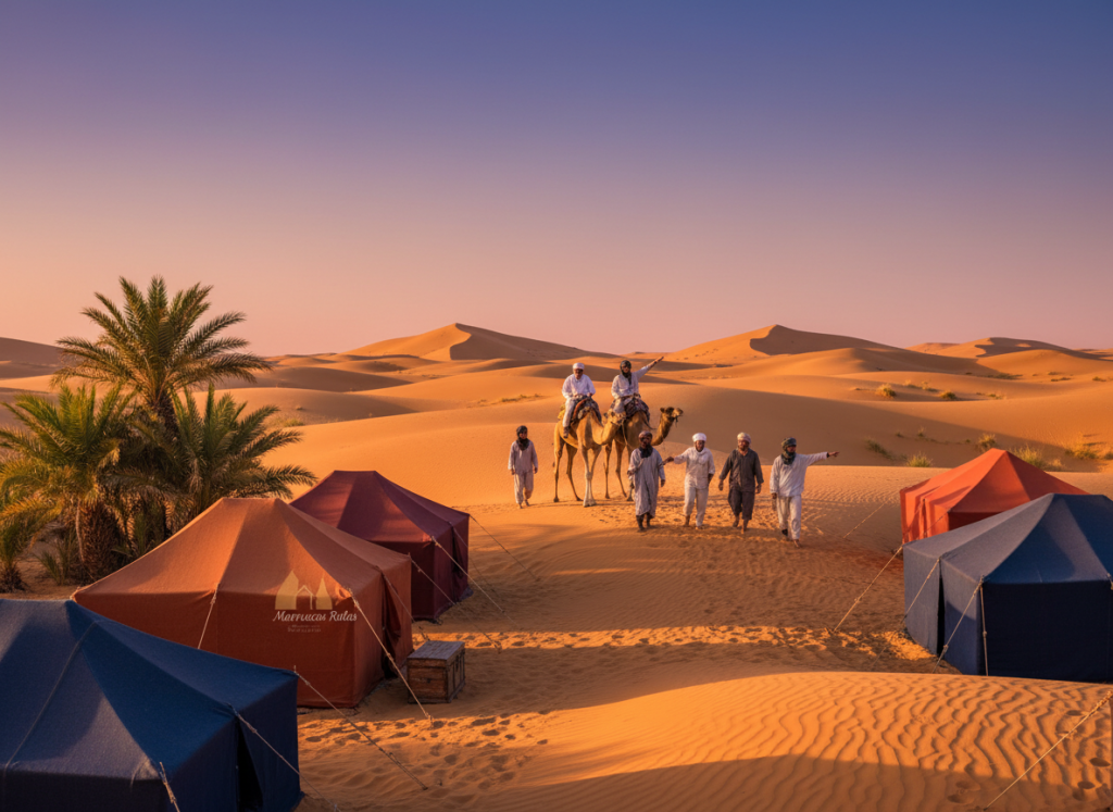 A majestic scene depicting the vast Sahara Desert in Morocco during golden hour. In the foreground, traditional Berber tents are set up, surrounded by gentle dunes, with a few lush palm trees adding contrast to the sandy landscape. The middle ground showcases an adventurous group of travelers dressed in modest casual clothing, engaging in activities like camel riding and leisurely walking, emphasizing excitement and discovery. The background features distant, rippling sand dunes illuminated by the warm sun, casting long shadows. The sky transitions from vibrant orange to deep blue, enhancing the dreamlike atmosphere. Capture this idyllic moment under soft natural lighting, with a wide-angle view that conveys the expansiveness of the desert. Incorporate the brand name “Marruecos Rutas” subtly within the scene. A majestic scene depicting the vast Sahara Desert in Morocco during golden hour. In the foreground, traditional Berber tents are set up, surrounded by gentle dunes, with a few lush palm trees adding contrast to the sandy landscape. The middle ground showcases an adventurous group of travelers dressed in modest casual clothing, engaging in activities like camel riding and leisurely walking, emphasizing excitement and discovery. The background features distant, rippling sand dunes illuminated by the warm sun, casting long shadows. The sky transitions from vibrant orange to deep blue, enhancing the dreamlike atmosphere. Capture this idyllic moment under soft natural lighting, with a wide-angle view that conveys the expansiveness of the desert. Incorporate the brand name “Marruecos Rutas” subtly within the scene.