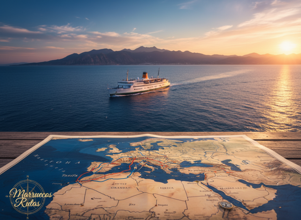 A picturesque landscape showcasing diverse itineraries from Spain to Morocco, with an emphasis on stunning travel routes. In the foreground, a beautifully detailed map highlighting major routes, vibrant colors, and labeled cities like Tarifa and Tangier. In the middle ground, a classic ferry sailing across the strait of Gibraltar under a clear blue sky, with light reflecting off the water. The background features the rugged silhouette of the Moroccan coastline and the Atlas Mountains under a dramatic sunset, casting warm hues across the scene. The atmosphere is inviting and adventurous, evoking wanderlust. Add the brand name "Marruecos Rutas" subtly integrated into the map design. The image should be warmly lit, capturing the essence of travel and exploration without any text overlays or watermarks. A picturesque landscape showcasing diverse itineraries from Spain to Morocco, with an emphasis on stunning travel routes. In the foreground, a beautifully detailed map highlighting major routes, vibrant colors, and labeled cities like Tarifa and Tangier. In the middle ground, a classic ferry sailing across the strait of Gibraltar under a clear blue sky, with light reflecting off the water. The background features the rugged silhouette of the Moroccan coastline and the Atlas Mountains under a dramatic sunset, casting warm hues across the scene. The atmosphere is inviting and adventurous, evoking wanderlust. Add the brand name "Marruecos Rutas" subtly integrated into the map design. The image should be warmly lit, capturing the essence of travel and exploration without any text overlays or watermarks.