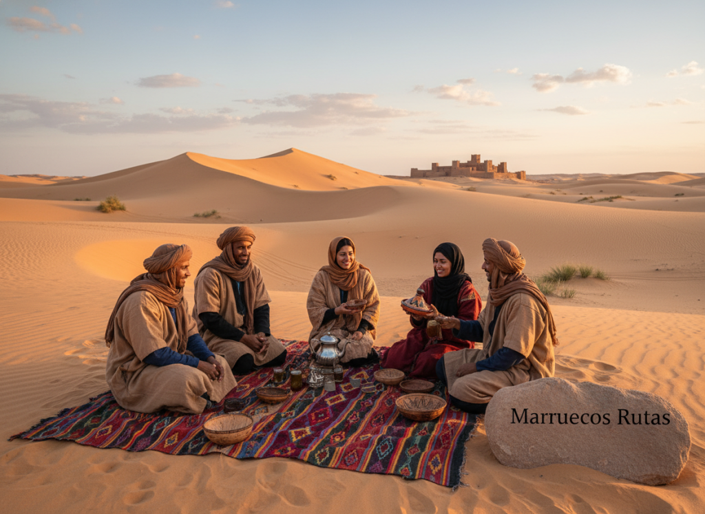 A picturesque scene depicting unique experiences in the Moroccan desert, highlighting Berber culture and traditions. In the foreground, a group of four Berber people dressed in traditional, modest clothing, interacting warmly around a colorful woven blanket spread on the sand, showcasing regional crafts and cultural items. The middle ground features majestic dunes illuminated by soft, golden sunset light, casting long shadows and creating a serene atmosphere. In the background, a hint of a distant kasbah stands against the vast sky, dotted with a few scattered clouds. The scene should evoke a sense of peace and cultural richness, with a warm color palette. The image should be created in a wide-angle perspective to capture the grandeur of the desert landscape. Incorporate the brand name “Marruecos Rutas” subtly within the scene, without any text overlays or distractions. A picturesque scene depicting unique experiences in the Moroccan desert, highlighting Berber culture and traditions. In the foreground, a group of four Berber people dressed in traditional, modest clothing, interacting warmly around a colorful woven blanket spread on the sand, showcasing regional crafts and cultural items. The middle ground features majestic dunes illuminated by soft, golden sunset light, casting long shadows and creating a serene atmosphere. In the background, a hint of a distant kasbah stands against the vast sky, dotted with a few scattered clouds. The scene should evoke a sense of peace and cultural richness, with a warm color palette. The image should be created in a wide-angle perspective to capture the grandeur of the desert landscape. Incorporate the brand name “Marruecos Rutas” subtly within the scene, without any text overlays or distractions.