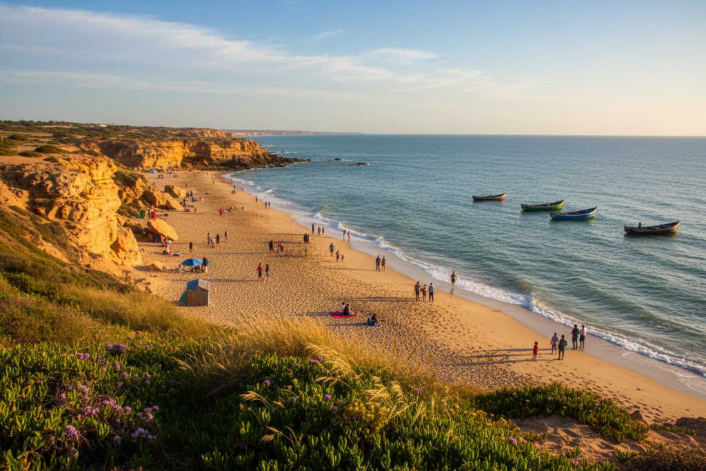 A picturesque view of the Moroccan Atlantic coast, featuring rugged cliffs and golden sandy beaches. In the foreground, vibrant coastal vegetation sways gently in the wind. The middle ground captures a tranquil beach with families enjoying a sunny day, some walking along the shoreline, dressed in modest beach attire. A few traditional Moroccan fishing boats gently bob in the water, adding a cultural touch. In the background, the endless expanse of the ocean meets a clear blue sky, with soft, fluffy clouds. The scene is filled with warm, golden sunlight creating a serene atmosphere, while the gentle waves lapping at the shore reflect the shimmering light. Use a slightly elevated angle to showcase the coastline's undulating curves and textures. The overall mood is inviting and peaceful, perfect for a relaxed coastal experience. A picturesque view of the Moroccan Atlantic coast, featuring rugged cliffs and golden sandy beaches. In the foreground, vibrant coastal vegetation sways gently in the wind. The middle ground captures a tranquil beach with families enjoying a sunny day, some walking along the shoreline, dressed in modest beach attire. A few traditional Moroccan fishing boats gently bob in the water, adding a cultural touch. In the background, the endless expanse of the ocean meets a clear blue sky, with soft, fluffy clouds. The scene is filled with warm, golden sunlight creating a serene atmosphere, while the gentle waves lapping at the shore reflect the shimmering light. Use a slightly elevated angle to showcase the coastline's undulating curves and textures. The overall mood is inviting and peaceful, perfect for a relaxed coastal experience.