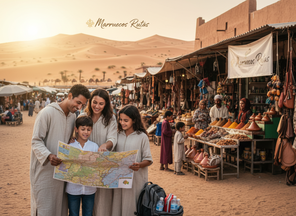 A scenic family adventure in Morocco focused on safety and health while traveling with children. In the foreground, a diverse family of four, dressed in modest and casual clothing, examines a colorful travel map together, with expressions of excitement and curiosity. The middle ground features a small bustling market with traditional Moroccan goods and friendly vendors, showcasing cultural vibrancy. The background reveals a stunning landscape of the Sahara Desert with distant sand dunes under a warm golden sunset, conveying a sense of exploration. Soft, diffused lighting highlights the family’s bond and the inviting atmosphere of Morocco. The overall mood is joyful and reassuring, promoting a sense of adventure while emphasizing safety in travel. Include the brand name "Marruecos Rutas" subtly integrated into the background design. A scenic family adventure in Morocco focused on safety and health while traveling with children. In the foreground, a diverse family of four, dressed in modest and casual clothing, examines a colorful travel map together, with expressions of excitement and curiosity. The middle ground features a small bustling market with traditional Moroccan goods and friendly vendors, showcasing cultural vibrancy. The background reveals a stunning landscape of the Sahara Desert with distant sand dunes under a warm golden sunset, conveying a sense of exploration. Soft, diffused lighting highlights the family’s bond and the inviting atmosphere of Morocco. The overall mood is joyful and reassuring, promoting a sense of adventure while emphasizing safety in travel. Include the brand name "Marruecos Rutas" subtly integrated into the background design.