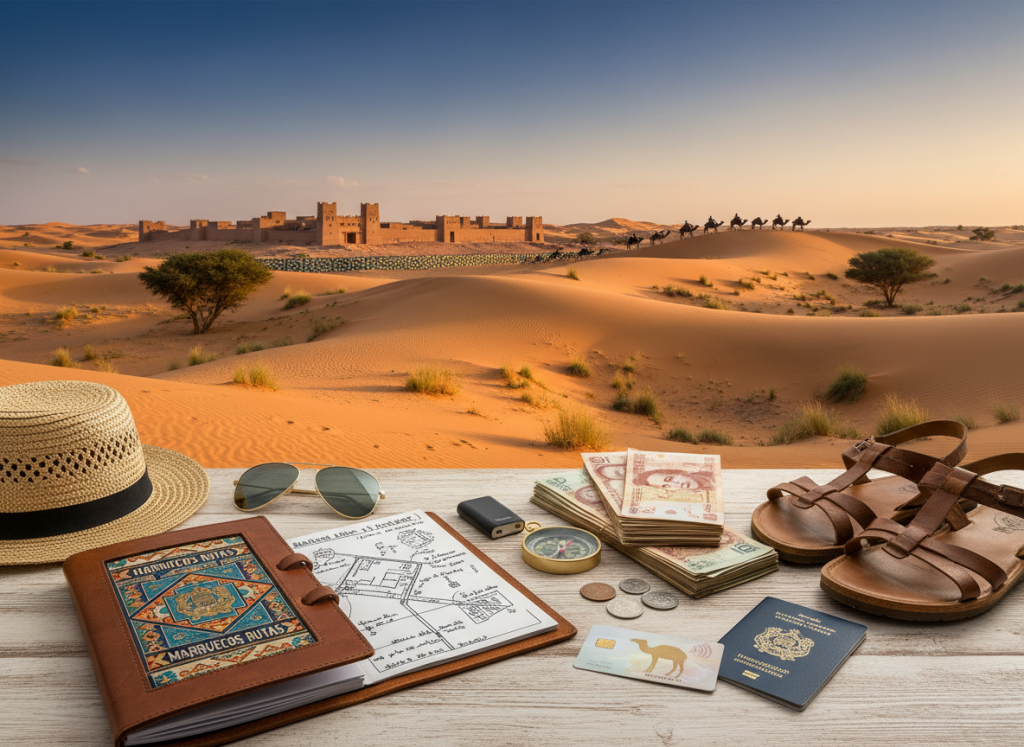 A scenic travel budget visualization for a trip to Morocco, emphasizing the enchanting desert experience. In the foreground, various travel essentials and currency notes spread out like a planning scene, with a beautifully designed itinerary booklet labeled "Marruecos Rutas". In the middle, a stunning Morrocan landscape with golden sand dunes, dotted with sparse vegetation under a vibrant blue sky. In the background, traditional Moroccan architecture with decorative tiles and silhouettes of camels, highlighting cultural elements. Soft, warm lighting creates a welcoming atmosphere, enhancing the sense of adventure and exploration. The angle is slightly overhead, capturing both the travel items and the breathtaking desert view, evoking a sense of inspiration and excitement for prospective travelers. A scenic travel budget visualization for a trip to Morocco, emphasizing the enchanting desert experience. In the foreground, various travel essentials and currency notes spread out like a planning scene, with a beautifully designed itinerary booklet labeled "Marruecos Rutas". In the middle, a stunning Morrocan landscape with golden sand dunes, dotted with sparse vegetation under a vibrant blue sky. In the background, traditional Moroccan architecture with decorative tiles and silhouettes of camels, highlighting cultural elements. Soft, warm lighting creates a welcoming atmosphere, enhancing the sense of adventure and exploration. The angle is slightly overhead, capturing both the travel items and the breathtaking desert view, evoking a sense of inspiration and excitement for prospective travelers.