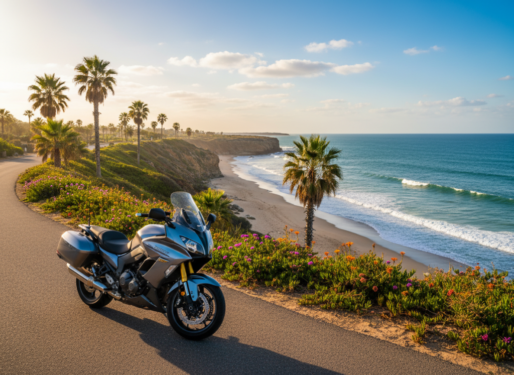 A scenic view of the Atlantic coast of Morocco, showcasing a winding motorcycle route lined with palm trees and vibrant coastal flora. In the foreground, a sleek, modern motorcycle is parked beside the road, glistening under bright, warm sunlight. The middle ground features a rugged cliffside dropping down to the pristine beach, with gentle waves lapping against the shore. In the background, a clear blue sky filled with fluffy white clouds enhances the tranquil atmosphere. The image is captured from a slightly elevated angle, highlighting both the motorcycle and the mesmerizing scenery. The warm, golden lighting creates an inviting mood, perfect for an adventurous ride along this stunning coastal route. A scenic view of the Atlantic coast of Morocco, showcasing a winding motorcycle route lined with palm trees and vibrant coastal flora. In the foreground, a sleek, modern motorcycle is parked beside the road, glistening under bright, warm sunlight. The middle ground features a rugged cliffside dropping down to the pristine beach, with gentle waves lapping against the shore. In the background, a clear blue sky filled with fluffy white clouds enhances the tranquil atmosphere. The image is captured from a slightly elevated angle, highlighting both the motorcycle and the mesmerizing scenery. The warm, golden lighting creates an inviting mood, perfect for an adventurous ride along this stunning coastal route.