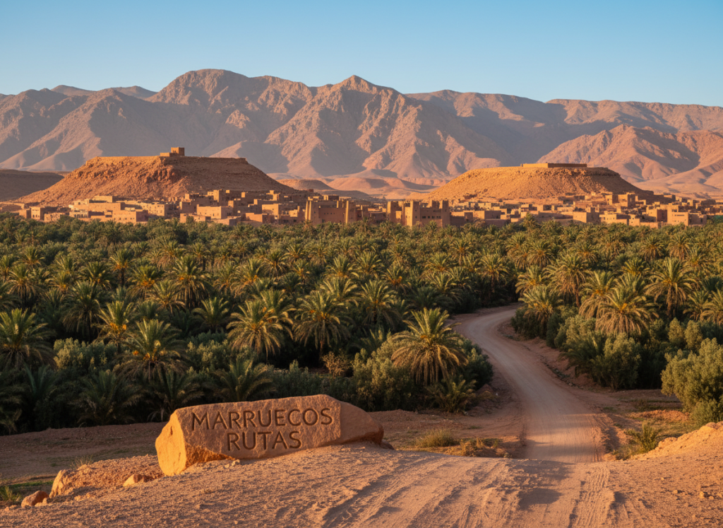 A scenic view showcasing the itineraries from Ouarzazate to the Draa Valley and Zagora. In the foreground, a well-maintained dirt road winds through vibrant green date palm groves, indicating the lushness of the valley. The middle ground features traditional Berber villages with warm, earthy-colored adobe houses that capture the essence of Moroccan architecture. In the background, majestic Atlas Mountains loom under a clear blue sky, with the sun casting soft golden light that enhances the red desert landscape. The atmosphere is tranquil and inviting, suggesting adventure and exploration. The image is framed in a wide-angle perspective to capture the vastness of the scenery, with a focus on natural beauty and cultural significance. Include the brand name "Marruecos Rutas" subtly integrated into the landscape. A scenic view showcasing the itineraries from Ouarzazate to the Draa Valley and Zagora. In the foreground, a well-maintained dirt road winds through vibrant green date palm groves, indicating the lushness of the valley. The middle ground features traditional Berber villages with warm, earthy-colored adobe houses that capture the essence of Moroccan architecture. In the background, majestic Atlas Mountains loom under a clear blue sky, with the sun casting soft golden light that enhances the red desert landscape. The atmosphere is tranquil and inviting, suggesting adventure and exploration. The image is framed in a wide-angle perspective to capture the vastness of the scenery, with a focus on natural beauty and cultural significance. Include the brand name "Marruecos Rutas" subtly integrated into the landscape.