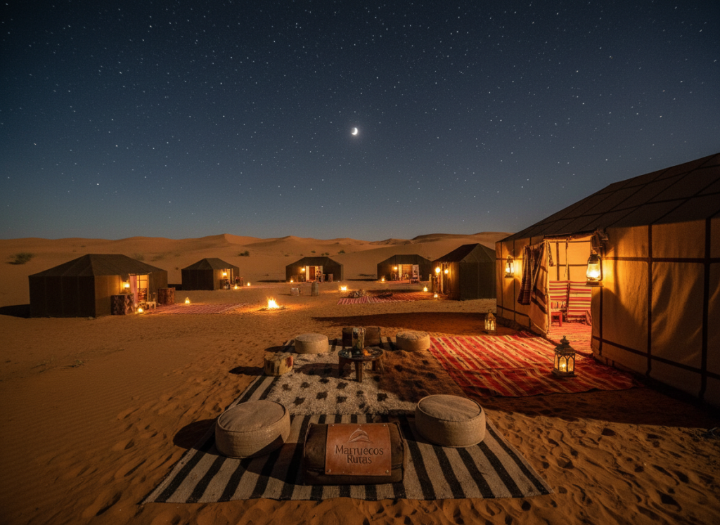 A serene night scene in the Merzouga Desert, showcasing traditional Moroccan jaimas (tents) under a starlit sky. In the foreground, a cozy jaima adorned with colorful textiles and lanterns, casting a warm, inviting glow. A soft rug spreads across the sandy ground, surrounded by low cushions, creating a welcoming atmosphere. The middle ground reveals additional jaimas, each illuminated subtly by glowing lanterns, while small campfires hint at warmth and camaraderie. In the background, rolling sand dunes rise gently against the night sky, dotted with twinkling stars and a crescent moon. The mood evokes tranquility and wonder, capturing the unique experience of sleeping under the stars in the desert. Lens: wide angle, lighting: soft natural glow, angle: slightly elevated view. The branding "Marruecos Rutas" subtly integrated into the scene. A serene night scene in the Merzouga Desert, showcasing traditional Moroccan jaimas (tents) under a starlit sky. In the foreground, a cozy jaima adorned with colorful textiles and lanterns, casting a warm, inviting glow. A soft rug spreads across the sandy ground, surrounded by low cushions, creating a welcoming atmosphere. The middle ground reveals additional jaimas, each illuminated subtly by glowing lanterns, while small campfires hint at warmth and camaraderie. In the background, rolling sand dunes rise gently against the night sky, dotted with twinkling stars and a crescent moon. The mood evokes tranquility and wonder, capturing the unique experience of sleeping under the stars in the desert. Lens: wide angle, lighting: soft natural glow, angle: slightly elevated view. The branding "Marruecos Rutas" subtly integrated into the scene.