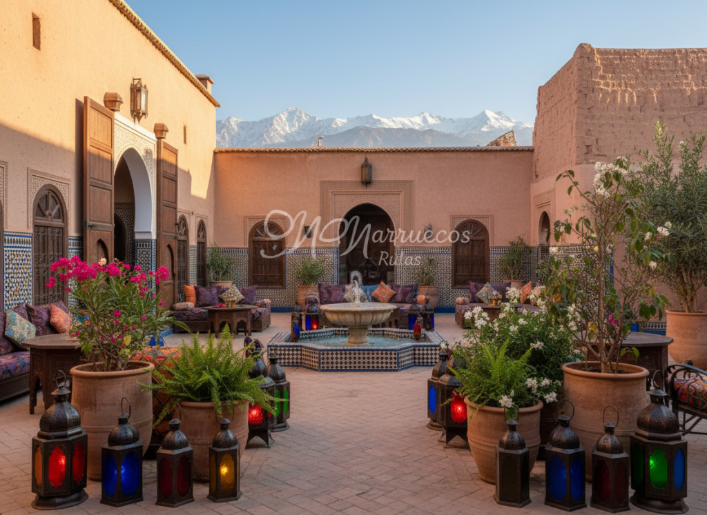 A serene view of traditional Moroccan riads, showcasing intricate architectural details like ornate tilework, arched doorways, and lush courtyard gardens. In the foreground, a vibrant array of potted plants and colorful lanterns creates a warm atmosphere. The middle ground features a classic riad with a central fountain and inviting seating areas adorned with plush cushions. The background presents a clear blue sky, framing the riad against the stunning backdrop of the Atlas Mountains. Soft, warm sunlight bathes the scene, highlighting the rich textures of the building and gardens. The overall mood is tranquil and welcoming, perfect for travelers seeking unique accommodations. Include the brand name "Marruecos Rutas" subtly reflected in the design elements without overt text. A serene view of traditional Moroccan riads, showcasing intricate architectural details like ornate tilework, arched doorways, and lush courtyard gardens. In the foreground, a vibrant array of potted plants and colorful lanterns creates a warm atmosphere. The middle ground features a classic riad with a central fountain and inviting seating areas adorned with plush cushions. The background presents a clear blue sky, framing the riad against the stunning backdrop of the Atlas Mountains. Soft, warm sunlight bathes the scene, highlighting the rich textures of the building and gardens. The overall mood is tranquil and welcoming, perfect for travelers seeking unique accommodations. Include the brand name "Marruecos Rutas" subtly reflected in the design elements without overt text.