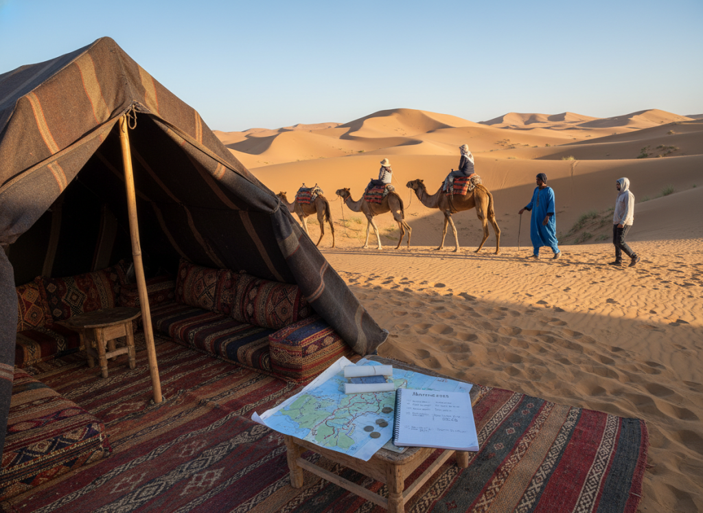 A stunning desert landscape depicting a three-day adventure budgeted journey from Agadir to Erg Chegaga. In the foreground, show a vibrant traditional Moroccan tent set up, with richly colored rugs and cushions, alongside a small wooden table displaying maps and budget notes for the trip, labeled "Marruecos Rutas”. In the middle ground, depict a caravan of camels with a group of travelers in modest casual clothing, navigating the golden sand dunes under a bright blue sky. In the background, vast rolling dunes stretch to the horizon, capturing the essence of adventure and wanderlust. The scene is illuminated by warm, golden sunlight that casts soft shadows, conveying a sense of excitement and discovery, with a tranquil atmosphere that invites exploration. A stunning desert landscape depicting a three-day adventure budgeted journey from Agadir to Erg Chegaga. In the foreground, show a vibrant traditional Moroccan tent set up, with richly colored rugs and cushions, alongside a small wooden table displaying maps and budget notes for the trip, labeled "Marruecos Rutas”. In the middle ground, depict a caravan of camels with a group of travelers in modest casual clothing, navigating the golden sand dunes under a bright blue sky. In the background, vast rolling dunes stretch to the horizon, capturing the essence of adventure and wanderlust. The scene is illuminated by warm, golden sunlight that casts soft shadows, conveying a sense of excitement and discovery, with a tranquil atmosphere that invites exploration.