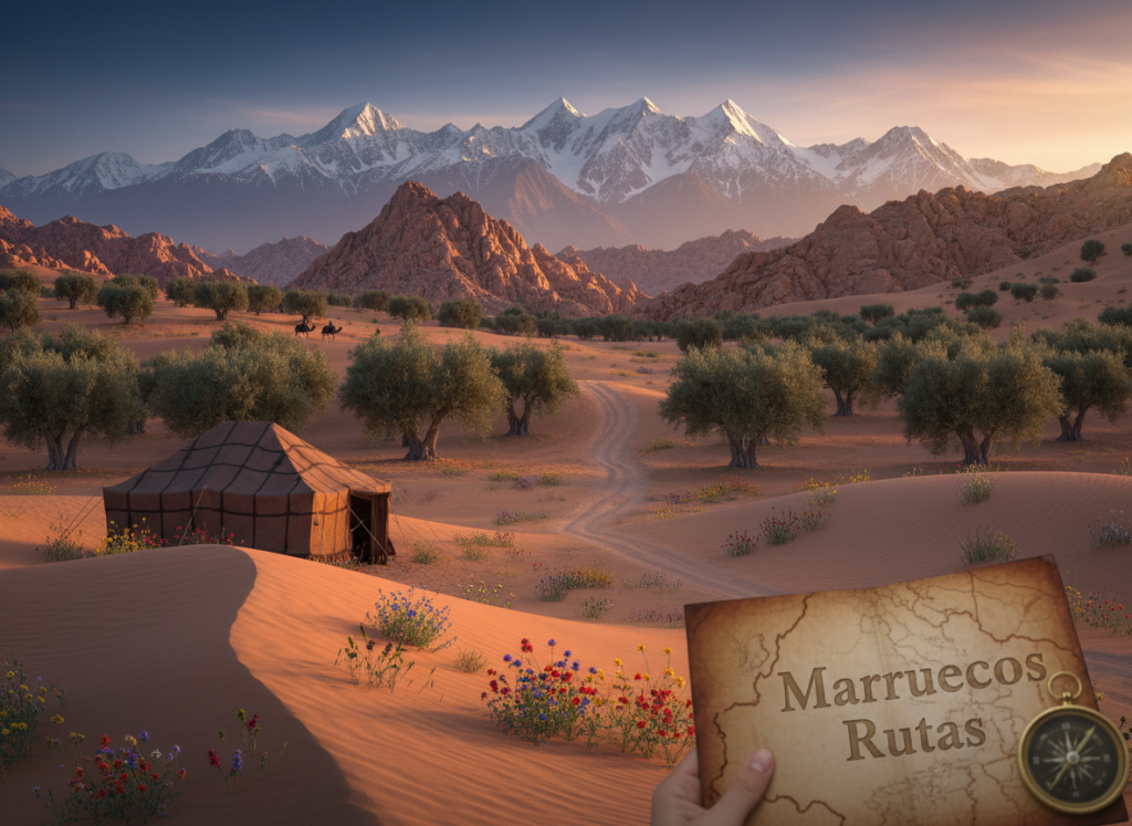 A stunning landscape showcasing the popular routes of Morocco, featuring a vibrant desert scene in the foreground with gentle sand dunes and a traditional Berber tent. In the middle ground, a winding path leads through picturesque olive groves and rugged mountains under a clear blue sky. In the background, the majestic Atlas Mountains rise dramatically, with snow-capped peaks glistening in the sunlight. The atmosphere is warm and inviting, capturing the essence of adventure and exploration. The lighting is soft and golden, suggesting sunset, enhancing the colors of the landscape. Add subtle details like scattered wildflowers and a distant caravan of camels to evoke a sense of journey. Include subtle branding elements for "Marruecos Rutas" harmoniously integrated into the scene. A stunning landscape showcasing the popular routes of Morocco, featuring a vibrant desert scene in the foreground with gentle sand dunes and a traditional Berber tent. In the middle ground, a winding path leads through picturesque olive groves and rugged mountains under a clear blue sky. In the background, the majestic Atlas Mountains rise dramatically, with snow-capped peaks glistening in the sunlight. The atmosphere is warm and inviting, capturing the essence of adventure and exploration. The lighting is soft and golden, suggesting sunset, enhancing the colors of the landscape. Add subtle details like scattered wildflowers and a distant caravan of camels to evoke a sense of journey. Include subtle branding elements for "Marruecos Rutas" harmoniously integrated into the scene.