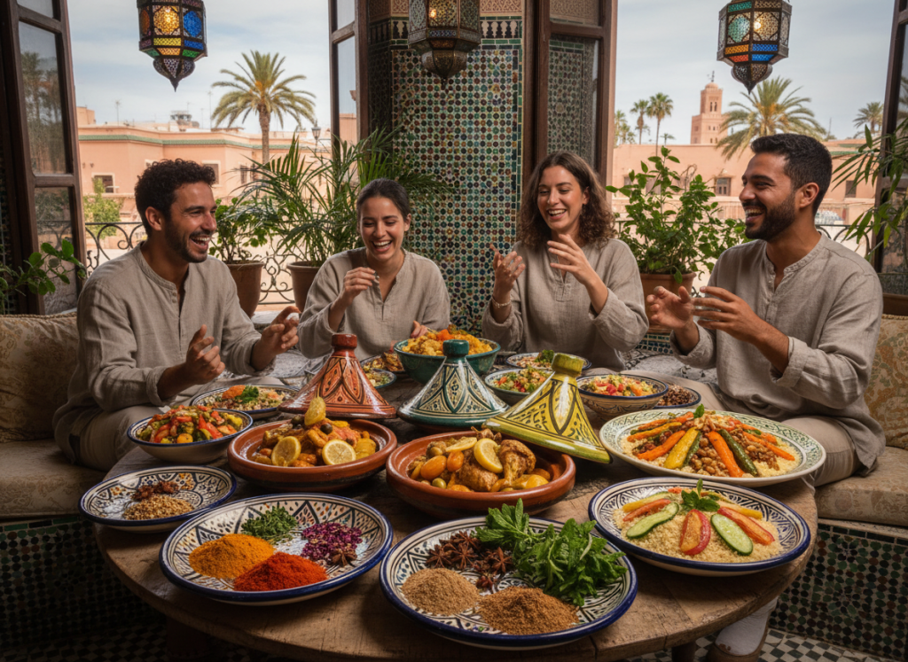 A vibrant Moroccan dining scene, featuring a beautifully set table with traditional dishes like colorful tagines, spiced couscous, and fresh salads. In the foreground, intricately designed ceramic plates display aromatic spices and fresh herbs. The middle ground reveals a warm, inviting atmosphere with a low wooden table, traditional Moroccan lanterns casting soft, golden light. People in modest casual clothing enjoy the meal, engaged in lively conversation, creating a sense of community. In the background, lush greenery and decorative tiles enhance the exotic feel, while soft, ambient lighting gives the image a cozy, welcoming mood. The scene is framed by arched windows showcasing the Marrakech landscape, emphasizing the cultural richness of Moroccan gastronomy. Inspired by "Marruecos Rutas”. A vibrant Moroccan dining scene, featuring a beautifully set table with traditional dishes like colorful tagines, spiced couscous, and fresh salads. In the foreground, intricately designed ceramic plates display aromatic spices and fresh herbs. The middle ground reveals a warm, inviting atmosphere with a low wooden table, traditional Moroccan lanterns casting soft, golden light. People in modest casual clothing enjoy the meal, engaged in lively conversation, creating a sense of community. In the background, lush greenery and decorative tiles enhance the exotic feel, while soft, ambient lighting gives the image a cozy, welcoming mood. The scene is framed by arched windows showcasing the Marrakech landscape, emphasizing the cultural richness of Moroccan gastronomy. Inspired by "Marruecos Rutas”.