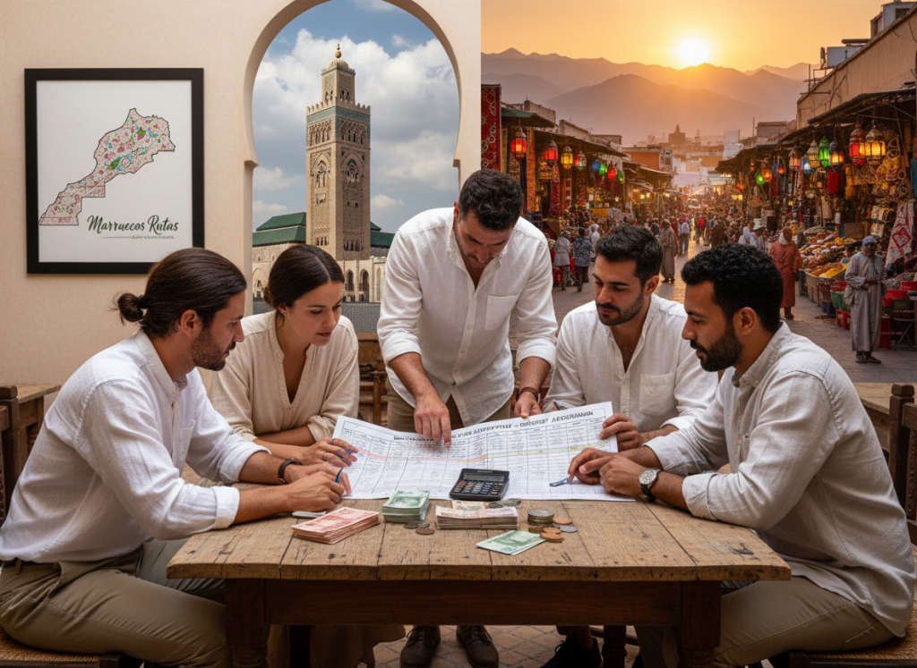 A vibrant and colorful scene depicting a travel budget outline for a 10-day tour in Morocco, with elements representing money management. In the foreground, a diverse group of travelers in modest casual clothing examines a detailed travel budget sheet with a calculator, surrounded by Moroccan currency notes and coins. The middle ground features iconic Moroccan landmarks, such as the Hassan II Mosque and bustling souks, creating a lively travel atmosphere. In the background, a sunset glows over the Atlas Mountains, adding warmth and a sense of adventure. The lighting is soft and inviting, emphasizing the excitement of exploring Morocco. The brand name “Marruecos Rutas” is subtly integrated into the scene. A vibrant and colorful scene depicting a travel budget outline for a 10-day tour in Morocco, with elements representing money management. In the foreground, a diverse group of travelers in modest casual clothing examines a detailed travel budget sheet with a calculator, surrounded by Moroccan currency notes and coins. The middle ground features iconic Moroccan landmarks, such as the Hassan II Mosque and bustling souks, creating a lively travel atmosphere. In the background, a sunset glows over the Atlas Mountains, adding warmth and a sense of adventure. The lighting is soft and inviting, emphasizing the excitement of exploring Morocco. The brand name “Marruecos Rutas” is subtly integrated into the scene.