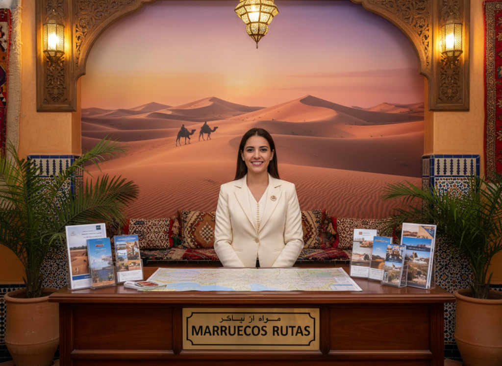 A vibrant and inviting scene depicting a reservation desk for a desert tour in Morocco, showcasing the brand "Marruecos Rutas." In the foreground, a friendly travel agent in business attire stands at an elegantly decorated wooden counter, surrounded by brochures and maps of the Moroccan desert. In the middle, a warm, welcoming ambiance illuminated by soft, golden lighting enhances the earthy tones of the decor, including intricate Moroccan patterns and textiles. The background reveals a stunning mural of the Sahara Desert, featuring dunes lit by a sunset glow, evoking a sense of adventure and exploration. The overall mood is warm and professional, inviting potential travelers to plan their desert adventure with confidence. A vibrant and inviting scene depicting a reservation desk for a desert tour in Morocco, showcasing the brand "Marruecos Rutas." In the foreground, a friendly travel agent in business attire stands at an elegantly decorated wooden counter, surrounded by brochures and maps of the Moroccan desert. In the middle, a warm, welcoming ambiance illuminated by soft, golden lighting enhances the earthy tones of the decor, including intricate Moroccan patterns and textiles. The background reveals a stunning mural of the Sahara Desert, featuring dunes lit by a sunset glow, evoking a sense of adventure and exploration. The overall mood is warm and professional, inviting potential travelers to plan their desert adventure with confidence.