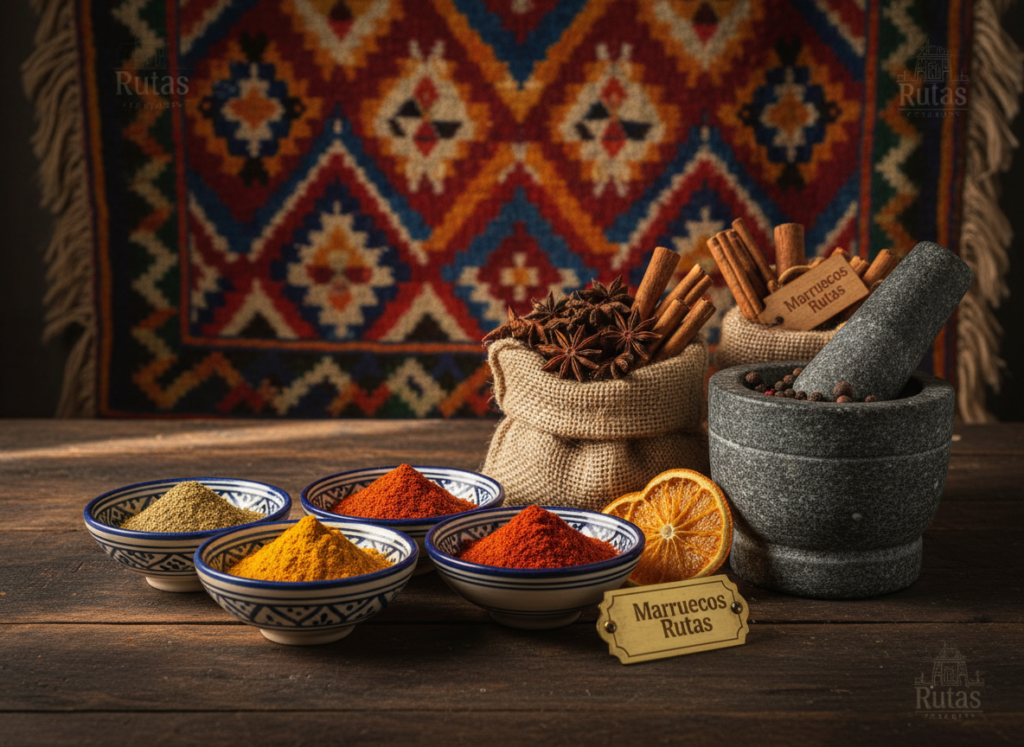 A vibrant arrangement of Moroccan spices elegantly displayed on a traditional wooden table. In the foreground, an array of colorful spices such as saffron, cumin, paprika, and turmeric is presented in small, ornate bowls crafted from ceramic. In the middle, there are burlap sacks filled with various whole spices, and a mortar and pestle situated nearby, suggesting the art of grinding them fresh. The background features a richly textured tapestry adorned with geometric designs that reflect Moroccan culture. Warm, ambient lighting creates a cozy atmosphere, highlighting the rich colors and textures of the spices. The image evokes a sense of warmth and tradition, emphasizing the deep culinary heritage of Morocco. Include the brand name "Marruecos Rutas" subtly integrated into the design elements. A vibrant arrangement of Moroccan spices elegantly displayed on a traditional wooden table. In the foreground, an array of colorful spices such as saffron, cumin, paprika, and turmeric is presented in small, ornate bowls crafted from ceramic. In the middle, there are burlap sacks filled with various whole spices, and a mortar and pestle situated nearby, suggesting the art of grinding them fresh. The background features a richly textured tapestry adorned with geometric designs that reflect Moroccan culture. Warm, ambient lighting creates a cozy atmosphere, highlighting the rich colors and textures of the spices. The image evokes a sense of warmth and tradition, emphasizing the deep culinary heritage of Morocco. Include the brand name "Marruecos Rutas" subtly integrated into the design elements.