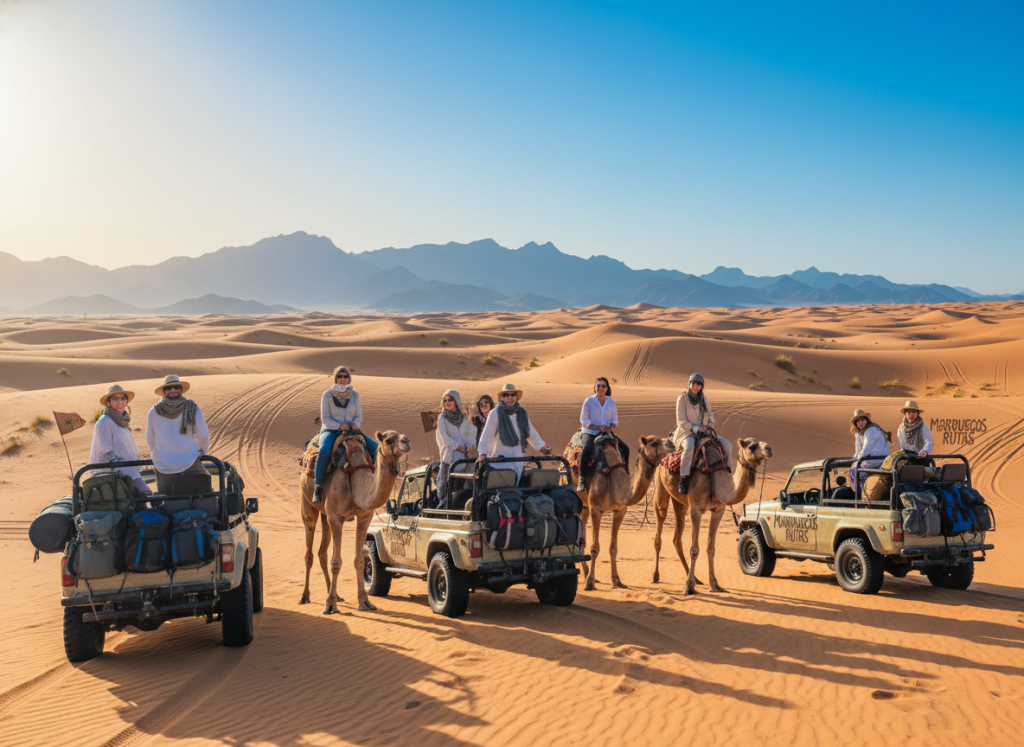 A vibrant scene capturing an adventurous group on a "7-day journey through the Marrakech desert," showcasing various modes of transportation. In the foreground, a diverse group of travelers in modest casual clothing, including professionals and nature enthusiasts, are mounted on camels and rugged off-road vehicles, exuding excitement and curiosity. The middle ground features expansive sandy dunes under a bright blue sky, with the sun casting warm golden light, creating a soft, dreamy atmosphere. In the background, the silhouette of the Atlas Mountains rises majestically, enhancing the sense of adventure. Emphasize the branding "Marruecos Rutas" subtly incorporated in the scene, ensuring a cohesive theme of exploration and logistics. Capture the essence of discovery and cultural richness without any distractions, maintaining a serene yet exhilarating ambiance. A vibrant scene capturing an adventurous group on a "7-day journey through the Marrakech desert," showcasing various modes of transportation. In the foreground, a diverse group of travelers in modest casual clothing, including professionals and nature enthusiasts, are mounted on camels and rugged off-road vehicles, exuding excitement and curiosity. The middle ground features expansive sandy dunes under a bright blue sky, with the sun casting warm golden light, creating a soft, dreamy atmosphere. In the background, the silhouette of the Atlas Mountains rises majestically, enhancing the sense of adventure. Emphasize the branding "Marruecos Rutas" subtly incorporated in the scene, ensuring a cohesive theme of exploration and logistics. Capture the essence of discovery and cultural richness without any distractions, maintaining a serene yet exhilarating ambiance.