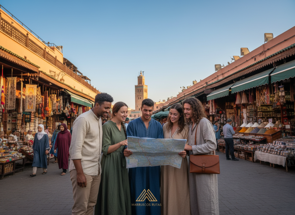 A vibrant street scene in Marrakech, Morocco, focusing on safety tips for travelers. In the foreground, a diverse group of travelers, dressed in modest casual clothing, consult a map and discuss their plans, embodying curiosity and excitement. The middle ground features colorful market stalls with traditional Moroccan wares, evoking a lively atmosphere. In the background, iconic Moroccan architecture with intricate designs and a clear blue sky enhances the cultural essence. Soft, warm lighting creates an inviting ambiance, reflecting the warmth of the city. Capture an engaging perspective, with a slight upward angle to emphasize the surrounding buildings and bustling streets. The image should prominently include the logo "Marruecos Rutas" in a subtle, integrated manner, ensuring it enhances the scene without dominating it. A vibrant street scene in Marrakech, Morocco, focusing on safety tips for travelers. In the foreground, a diverse group of travelers, dressed in modest casual clothing, consult a map and discuss their plans, embodying curiosity and excitement. The middle ground features colorful market stalls with traditional Moroccan wares, evoking a lively atmosphere. In the background, iconic Moroccan architecture with intricate designs and a clear blue sky enhances the cultural essence. Soft, warm lighting creates an inviting ambiance, reflecting the warmth of the city. Capture an engaging perspective, with a slight upward angle to emphasize the surrounding buildings and bustling streets. The image should prominently include the logo "Marruecos Rutas" in a subtle, integrated manner, ensuring it enhances the scene without dominating it.