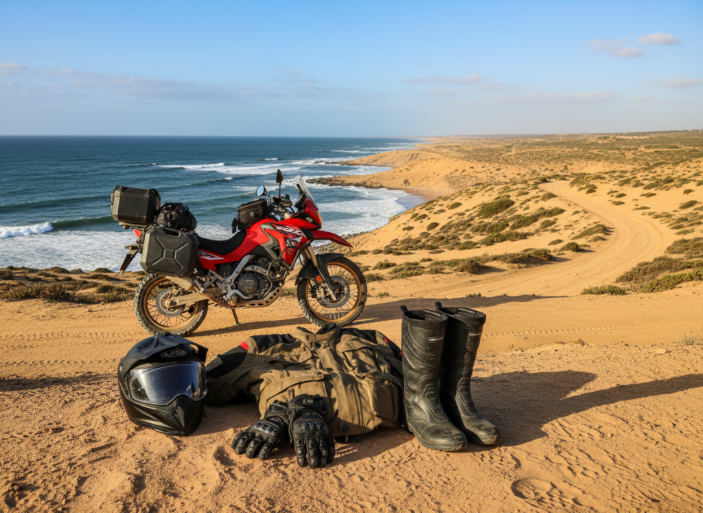 A well-equipped motorcycle standing on a sandy coastal road in Morocco, surrounded by stunning views of the Atlantic Ocean. In the foreground, show essential motorcycle gear: a sturdy helmet, a durable jacket, high-quality gloves, and rugged boots. In the middle ground, a vibrant red motorcycle is parked, with a scenic backdrop of rolling hills and the ocean waves crashing against the shore. In the background, a clear blue sky enhances the atmosphere of adventure. The lighting is warm and sunny, casting soft shadows that suggest a mid-afternoon ambiance. Capture the spirit of exploration and freedom associated with a motorcycle journey through Morocco, evoking excitement and wanderlust. A well-equipped motorcycle standing on a sandy coastal road in Morocco, surrounded by stunning views of the Atlantic Ocean. In the foreground, show essential motorcycle gear: a sturdy helmet, a durable jacket, high-quality gloves, and rugged boots. In the middle ground, a vibrant red motorcycle is parked, with a scenic backdrop of rolling hills and the ocean waves crashing against the shore. In the background, a clear blue sky enhances the atmosphere of adventure. The lighting is warm and sunny, casting soft shadows that suggest a mid-afternoon ambiance. Capture the spirit of exploration and freedom associated with a motorcycle journey through Morocco, evoking excitement and wanderlust.