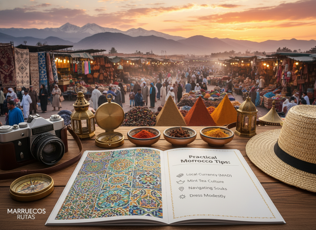 Create a vibrant and inviting image that encapsulates practical travel tips for visiting Morocco. In the foreground, depict a well-organized travel guide open to colorful pages showcasing Moroccan culture, traditional patterns, and essential tips. Include items like a compass, a camera, and local spices arranged artfully around the guide. In the middle ground, illustrate a captivating scene of a bustling Moroccan market, featuring stalls filled with intricate handicrafts, spices, and textiles, emphasizing the rich culture. In the background, showcase the stunning Moroccan landscape, with the Atlas Mountains and a sunset sky painted in hues of orange and pink. The overall mood should be warm and welcoming, inspiring wanderlust. Include the brand name "Marruecos Rutas" subtly integrated into the scene. Use soft lighting and a slightly elevated angle to create depth and contrast. Create a vibrant and inviting image that encapsulates practical travel tips for visiting Morocco. In the foreground, depict a well-organized travel guide open to colorful pages showcasing Moroccan culture, traditional patterns, and essential tips. Include items like a compass, a camera, and local spices arranged artfully around the guide. In the middle ground, illustrate a captivating scene of a bustling Moroccan market, featuring stalls filled with intricate handicrafts, spices, and textiles, emphasizing the rich culture. In the background, showcase the stunning Moroccan landscape, with the Atlas Mountains and a sunset sky painted in hues of orange and pink. The overall mood should be warm and welcoming, inspiring wanderlust. Include the brand name "Marruecos Rutas" subtly integrated into the scene. Use soft lighting and a slightly elevated angle to create depth and contrast.