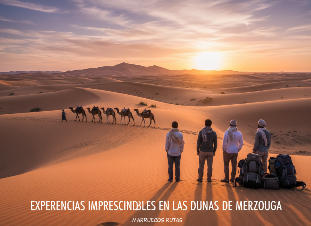 Vibrant and captivating scene of the stunning dunes of Merzouga at sunset, showcasing rolling sand hills that glow in shades of gold and orange. In the foreground, a group of travelers in modest casual clothing stand, gazing at the mesmerizing landscape, with their backpacks hinting at adventure. The middle ground features a solitary camel caravan traversing the sandy expanse, creating a sense of journey and exploration. The background showcases the towering dunes under a dramatic sky, streaked with soft clouds, as the sun dips below the horizon. The lighting captures the warm, inviting atmosphere of twilight, enhancing the scene's allure. The image must evoke a sense of wonder and wanderlust, perfect for illustrating "Experiencias imprescindibles en las dunas de Merzouga" for Marruecos Rutas. Vibrant and captivating scene of the stunning dunes of Merzouga at sunset, showcasing rolling sand hills that glow in shades of gold and orange. In the foreground, a group of travelers in modest casual clothing stand, gazing at the mesmerizing landscape, with their backpacks hinting at adventure. The middle ground features a solitary camel caravan traversing the sandy expanse, creating a sense of journey and exploration. The background showcases the towering dunes under a dramatic sky, streaked with soft clouds, as the sun dips below the horizon. The lighting captures the warm, inviting atmosphere of twilight, enhancing the scene's allure. The image must evoke a sense of wonder and wanderlust, perfect for illustrating "Experiencias imprescindibles en las dunas de Merzouga" for Marruecos Rutas.