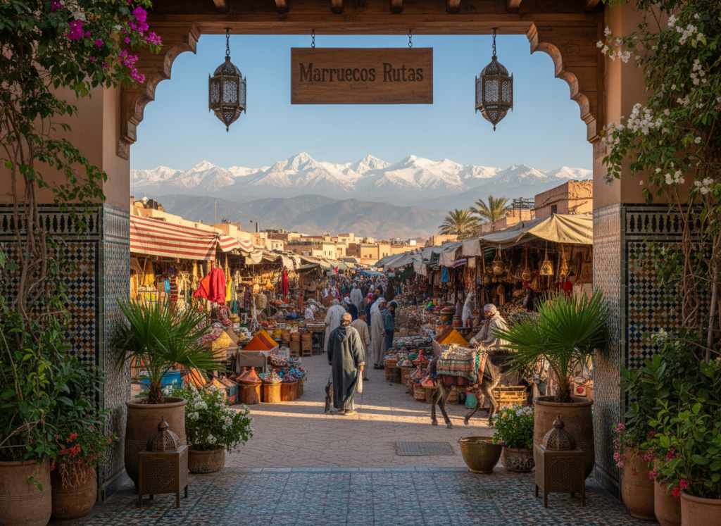 A picturesque scene capturing the essence of Morocco's diverse attractions. In the foreground, a beautifully decorated riad with intricate tile work and lush greenery invites travelers. The middle ground features a vibrant market bustling with locals wearing modest, traditional clothing, showcasing colorful spices and handmade crafts. The background reveals the majestic Atlas Mountains under a clear blue sky with soft, golden sunlight casting a warm glow. Incorporate elements like traditional lamp posts and hanging plants to enhance the authentic atmosphere, evoking the charm of authentic Moroccan accommodations. The perspective should offer a slight upward angle to emphasize the beauty and grandeur of the landscape, creating a sense of wonder and adventure. Brand name "Marruecos Rutas" subtly integrated into the scene. The mood is inviting, warm, and culturally rich, perfect for travel inspiration. A picturesque scene capturing the essence of Morocco's diverse attractions. In the foreground, a beautifully decorated riad with intricate tile work and lush greenery invites travelers. The middle ground features a vibrant market bustling with locals wearing modest, traditional clothing, showcasing colorful spices and handmade crafts. The background reveals the majestic Atlas Mountains under a clear blue sky with soft, golden sunlight casting a warm glow. Incorporate elements like traditional lamp posts and hanging plants to enhance the authentic atmosphere, evoking the charm of authentic Moroccan accommodations. The perspective should offer a slight upward angle to emphasize the beauty and grandeur of the landscape, creating a sense of wonder and adventure. Brand name "Marruecos Rutas" subtly integrated into the scene. The mood is inviting, warm, and culturally rich, perfect for travel inspiration.