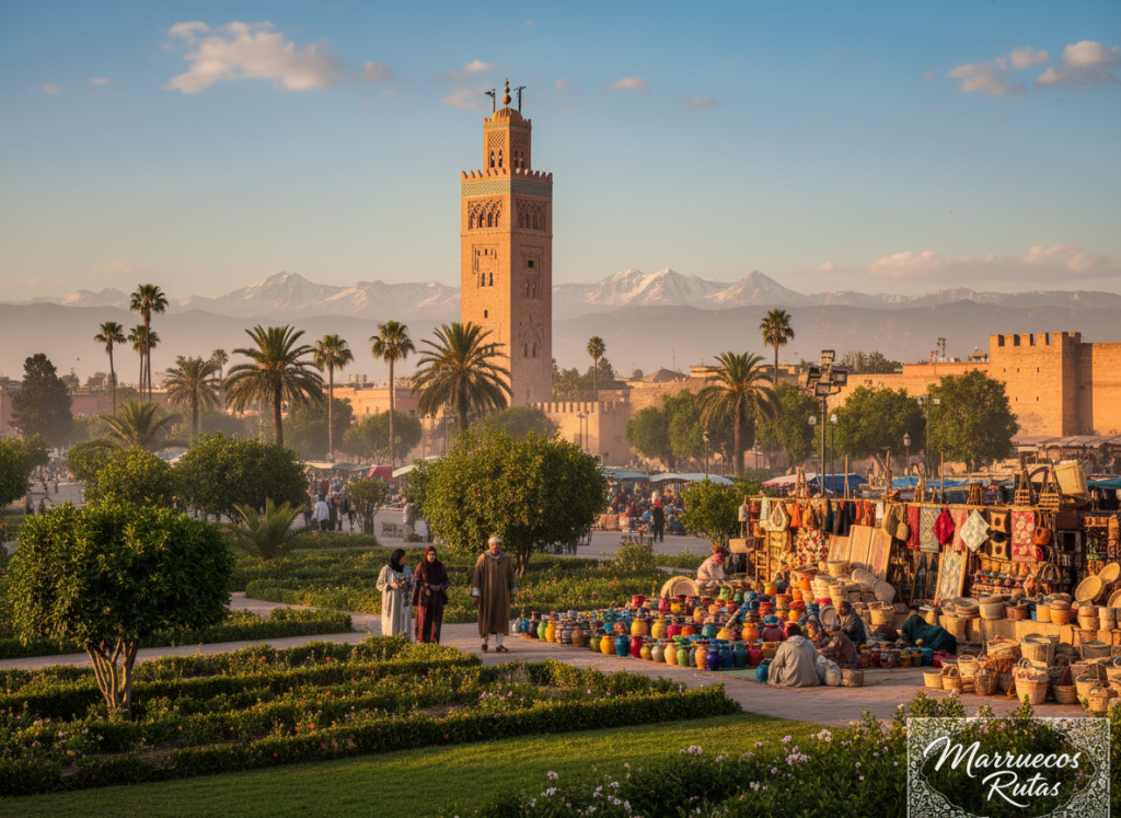 A serene view of Marrakech's iconic monuments, featuring the Koutoubia Mosque with its lush gardens in the foreground. In the middle ground, capture local artisans selling colorful handmade crafts, creating a lively yet calming atmosphere. The background shows the stunning Atlas Mountains under a clear blue sky, adding a majestic touch. Soft golden hour lighting bathes the scene in warm hues, enhancing the feeling of relaxation and well-being. A peaceful ambiance is emphasized with a few figure(s) dressed in modest, casual clothing, enjoying the surroundings. The overall mood is tranquil, inviting readers to appreciate the beauty and serenity of Marrakech. The image should prominently feature the brand name "Marruecos Rutas" with a subtle yet elegant placement.