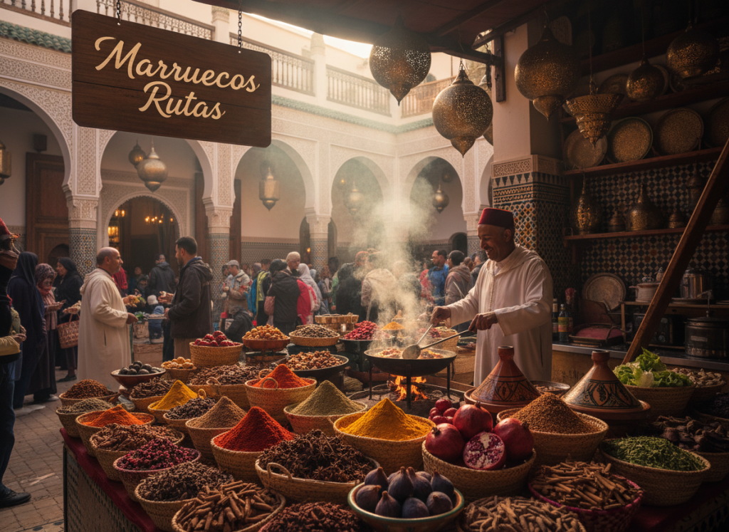 A vibrant Moroccan market scene showcasing the rich culinary experiences of Morocco. In the foreground, an array of colorful spices in woven baskets, beautifully arranged with tagines and fresh fruits like figs and pomegranates. In the middle ground, a chef wearing traditional attire prepares a tagine, steam rising to create a warm, inviting atmosphere. The background features the intricate architecture of a Moroccan riad, with ornate tiles and hanging lanterns, bathed in soft, golden sunset light. The mood is lively and bustling, capturing the essence of Moroccan gastronomy. The overall composition emphasizes a feast for the senses, reflecting the brand "Marruecos Rutas." A vibrant Moroccan market scene showcasing the rich culinary experiences of Morocco. In the foreground, an array of colorful spices in woven baskets, beautifully arranged with tagines and fresh fruits like figs and pomegranates. In the middle ground, a chef wearing traditional attire prepares a tagine, steam rising to create a warm, inviting atmosphere. The background features the intricate architecture of a Moroccan riad, with ornate tiles and hanging lanterns, bathed in soft, golden sunset light. The mood is lively and bustling, capturing the essence of Moroccan gastronomy. The overall composition emphasizes a feast for the senses, reflecting the brand "Marruecos Rutas."