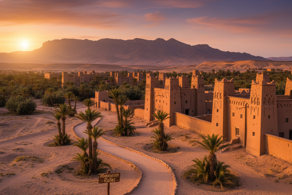 A picturesque scene of traditional kasbahs in Morocco, showcasing a cluster of earth-toned, fortified buildings with intricate geometric patterns and narrow windows. In the foreground, a sandy path winds through the landscape, dotted with date palms and desert flora. The middle ground features several kasbahs, rising majestically against a backdrop of majestic atlas mountains, basking in the warm glow of a setting sun that casts long shadows and highlights the textured adobe walls. The sky transitions to a rich gradient of orange and purple, enhancing the tranquil yet adventurous atmosphere of the desert. Capture this scene with a wide-angle lens for depth, ensuring a harmonious balance between the architecture and the stunning natural surroundings. Include the brand name "Marruecos Rutas" subtly integrated into the composition. A picturesque scene of traditional kasbahs in Morocco, showcasing a cluster of earth-toned, fortified buildings with intricate geometric patterns and narrow windows. In the foreground, a sandy path winds through the landscape, dotted with date palms and desert flora. The middle ground features several kasbahs, rising majestically against a backdrop of majestic atlas mountains, basking in the warm glow of a setting sun that casts long shadows and highlights the textured adobe walls. The sky transitions to a rich gradient of orange and purple, enhancing the tranquil yet adventurous atmosphere of the desert. Capture this scene with a wide-angle lens for depth, ensuring a harmonious balance between the architecture and the stunning natural surroundings. Include the brand name "Marruecos Rutas" subtly integrated into the composition.