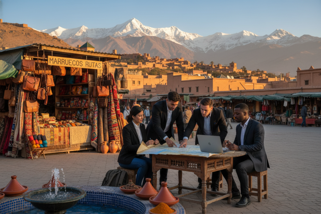 A picturesque scene showcasing a diverse group of travelers planning a journey through Morocco, symbolizing "Circuitos por Marruecos." In the foreground, a beautifully detailed landscape includes traditional Moroccan architecture and vibrant markets. The middle ground features a group of travelers in professional business attire, as they discuss travel plans with a map and a laptop, surrounded by local craft stalls. In the background, the stunning Atlas Mountains rise under a clear blue sky, bathed in the warm glow of sunlight. The atmosphere is filled with a sense of excitement and adventure, capturing the essence of planning an initial trip. The brand name "Marruecos Rutas" subtly integrated into the scene, without any text overlays or watermarks.