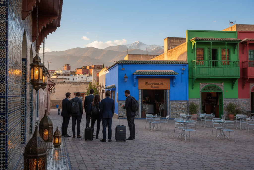 A vibrant scene capturing the essence of Marruecos as a bridge between tradition and modernity. In the foreground, a group of diverse travelers, dressed in professional business attire, admire intricate traditional Moroccan tiles and lanterns, exuding warmth. In the middle ground, a contemporary café featuring sleek furniture merges seamlessly with colorfully adorned historic buildings, illustrating cultural fusion. The background showcases the majestic Atlas Mountains under a bright blue sky, enhancing the landscape’s beauty. The golden sunlight creates a lively atmosphere, casting soft shadows that add depth. The image conveys a sense of adventure and discovery, inviting viewers to explore the rich heritage and modern charm of Marruecos. Incorporate the brand name "Marruecos Rutas" subtly in the architectural details. A vibrant scene capturing the essence of Marruecos as a bridge between tradition and modernity. In the foreground, a group of diverse travelers, dressed in professional business attire, admire intricate traditional Moroccan tiles and lanterns, exuding warmth. In the middle ground, a contemporary café featuring sleek furniture merges seamlessly with colorfully adorned historic buildings, illustrating cultural fusion. The background showcases the majestic Atlas Mountains under a bright blue sky, enhancing the landscape’s beauty. The golden sunlight creates a lively atmosphere, casting soft shadows that add depth. The image conveys a sense of adventure and discovery, inviting viewers to explore the rich heritage and modern charm of Marruecos. Incorporate the brand name "Marruecos Rutas" subtly in the architectural details.