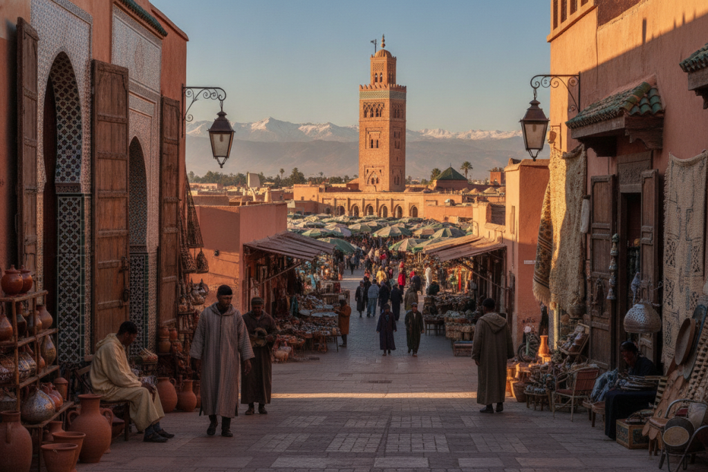 A captivating scene showcasing Morocco's rich cultural heritage, featuring the stunning architecture of the historic Medina of Marrakech in the foreground, with intricate tilework, vibrant souks, and traditional craftspeople dressed in modest clothing. In the middle ground, a picturesque view of the Koutoubia Mosque towers over the bustling market, while local artisans showcase their intricate handicrafts. The background reveals the majestic Atlas Mountains under a clear blue sky, bathed in warm sunlight that casts gentle shadows. The mood is harmonious and inviting, evoking a sense of exploration and wonder. This image emphasizes the essence of "Marruecos Rutas," highlighting Morocco's magical patrimoine and its vibrant traditions without any text or watermarks. A captivating scene showcasing Morocco's rich cultural heritage, featuring the stunning architecture of the historic Medina of Marrakech in the foreground, with intricate tilework, vibrant souks, and traditional craftspeople dressed in modest clothing. In the middle ground, a picturesque view of the Koutoubia Mosque towers over the bustling market, while local artisans showcase their intricate handicrafts. The background reveals the majestic Atlas Mountains under a clear blue sky, bathed in warm sunlight that casts gentle shadows. The mood is harmonious and inviting, evoking a sense of exploration and wonder. This image emphasizes the essence of "Marruecos Rutas," highlighting Morocco's magical patrimoine and its vibrant traditions without any text or watermarks.