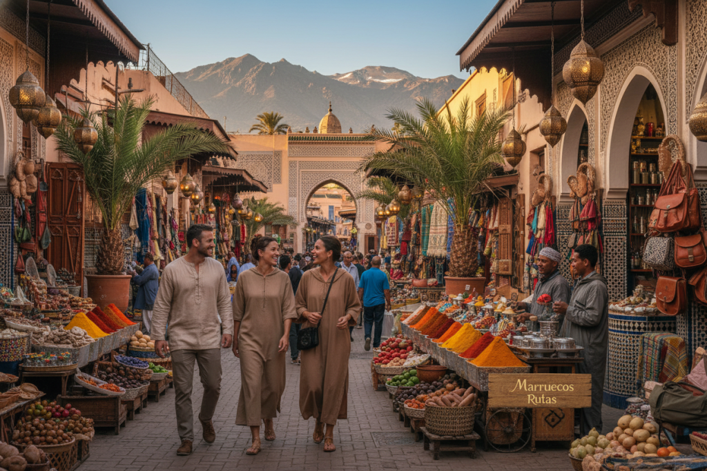 A vibrant travel scene depicting an all-inclusive trip to Morocco, showcasing a group of travelers exploring a colorful local market. In the foreground, three people in modest casual clothing browse exotic spices and handcrafted goods, smiling and interacting with friendly merchants. The middle ground features traditional Moroccan architecture with elaborate tile work and hanging lanterns, enriched with lush greenery. In the background, the majestic Atlas Mountains rise under a bright blue sky, reflecting the warm golden sunlight. The atmosphere is lively and immersive, inviting viewers to experience the culture and beauty of Morocco. The brand name "Marruecos Rutas" subtly blended into the scene with an elegant touch, ensuring it does not distract from the captivating visuals.